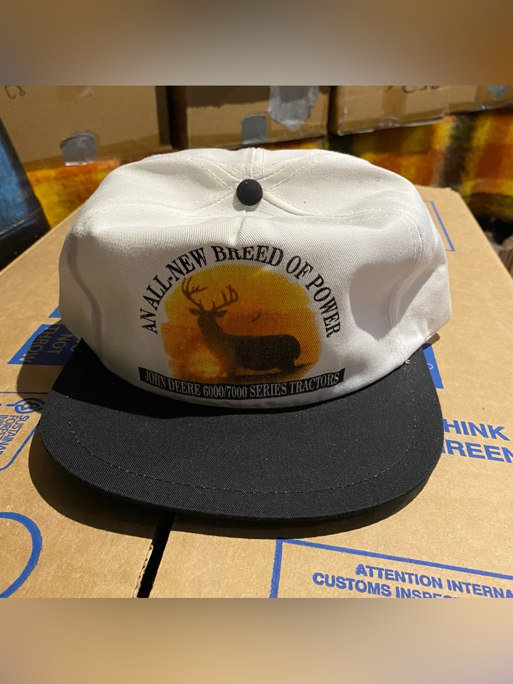 John Deere White & Black Trucker Hat with Deer Sunset Graphic